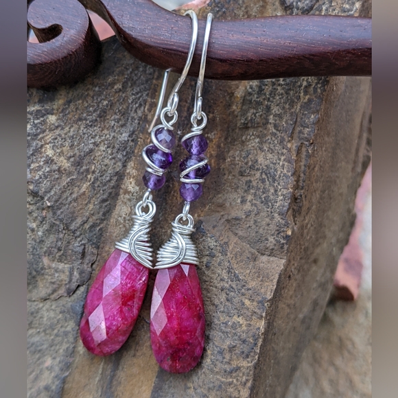 Artisan Ruby Earrings Sterling Silver With Amethyst Gemstones - Picture 2 of 12